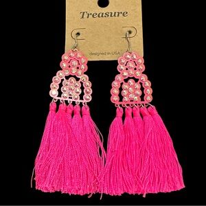 Hot Pink Tassel Earrings with Sparkling Rhinestone Accents Treasure Brand